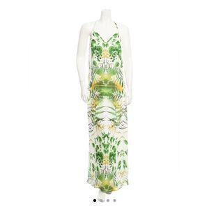 Alice + Olivia White and Green Maxi Dress with plunging V-neck & racerback.-L